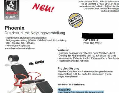 Phoenix Duschstuhl mit Neigungsverstellung ohne Hygieneausschnitt 1st
